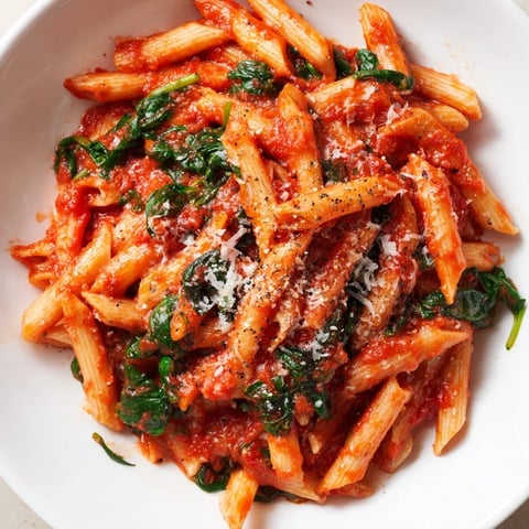 Quick Marinara Pasta with Spinach served hot, inviting with fresh basil and Parmesan cheese sprinkled on top.