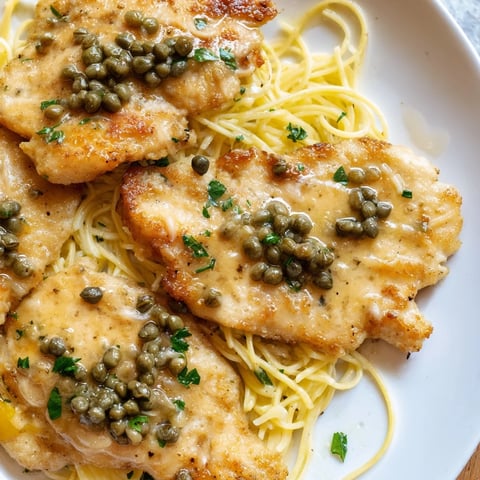 Quick Chicken Piccata Pasta with golden chicken cutlets and a bright, lemony caper sauce.