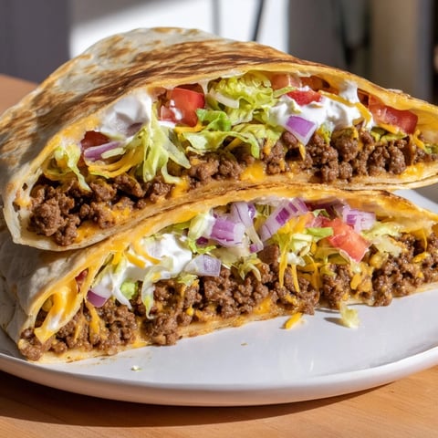 Golden-brown Taco Bell Crunchwrap Supreme, sliced to show layers of beef, cheese, and fresh fillings.