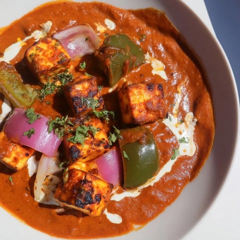 Creamy Paneer Tikka Masala, a richly spiced Indian dish with grilled cheese and vibrantly red sauce.