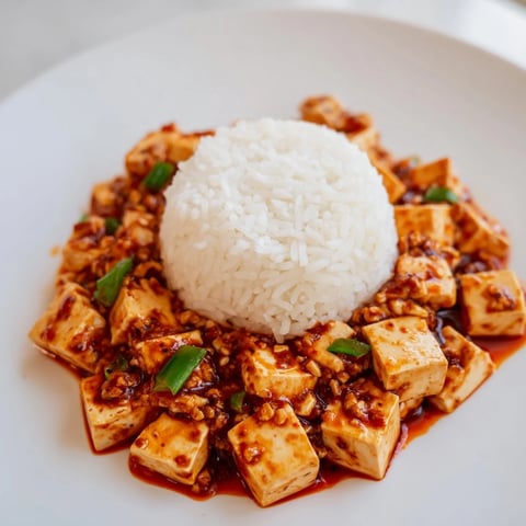 Steaming white rice topped with vibrant Chinese Mapo Tofu, a flavorful Sichuan vegetarian dish.