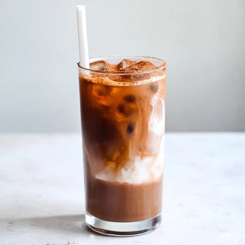 Creamy Milo iced latte with chocolatey swirls, poured over ice cubes in a tall glass for a refreshing, energizing sip.