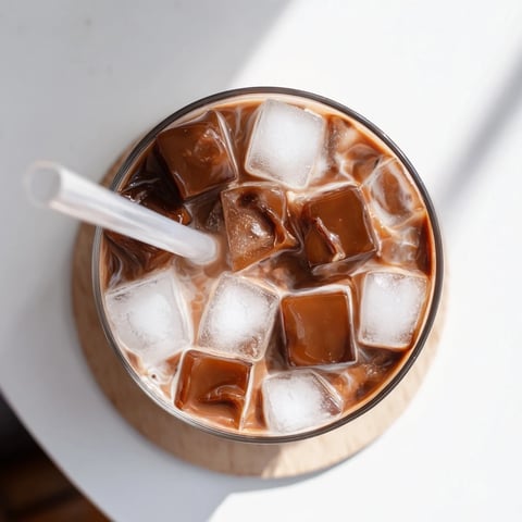 Cubes of homemade coffee jelly glisten in a glass, swimming in a creamy milk blend with ice and a wide straw ready to sip.