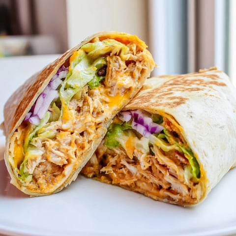 A close-up of a Buffalo Ranch Chicken Wrap, sliced to reveal juicy buffalo chicken, crisp romaine, and melty cheddar inside a golden tortilla.