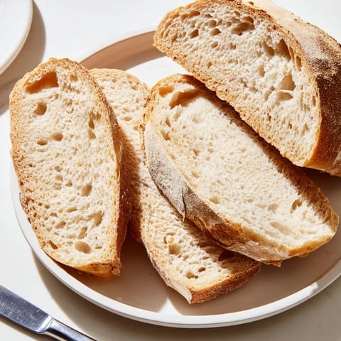 Crusty Easy No-Knead Rustic Bread sliced, revealing its soft, chewy texture inside.  