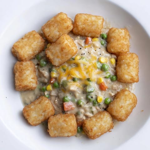 Hearty Tater Tot Chicken Pot Pie, featuring tender chicken and vegetables in a rich sauce.