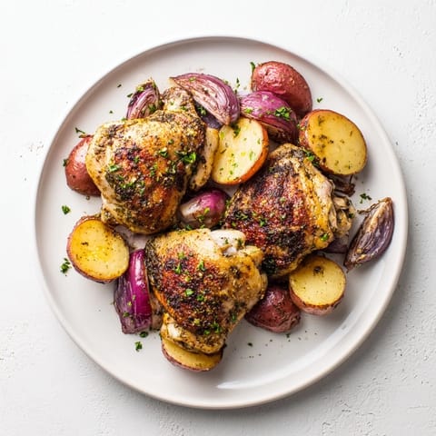Enjoy a view of flavorful Sheet Pan Zaatar Chicken alongside tender, caramelized roasted potatoes ready to eat.