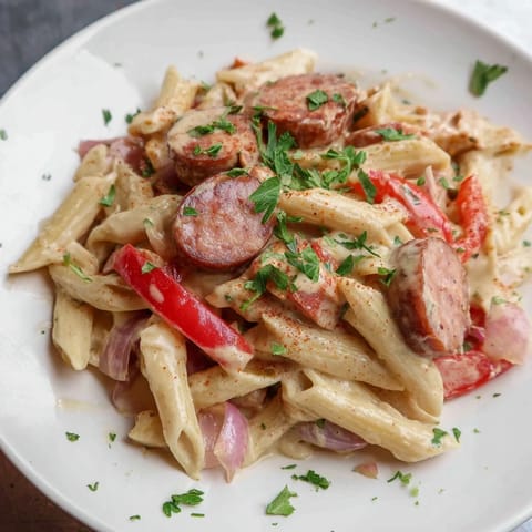 This delicious Smoked Sausage Cajun Alfredo features penne pasta, spicy sausage, and vegetables in a rich sauce.