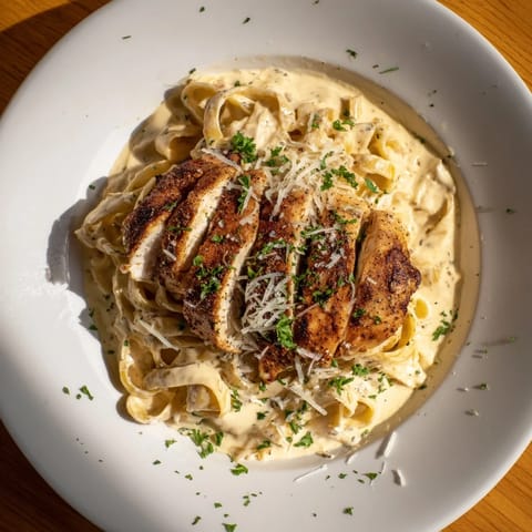 A close-up of Cajun Chicken Alfredo Fettuccine, a comforting dish with a rich cheese sauce.