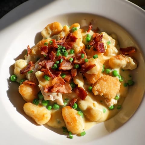 A close-up of creamy crack chicken gnocchi features perfectly cooked gnocchi and golden cheese with fresh herbs.
