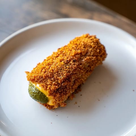 Close-up of melted cheese-wrapped pickle ornaments, perfectly fried with a delightful crunch, perfect for sharing.