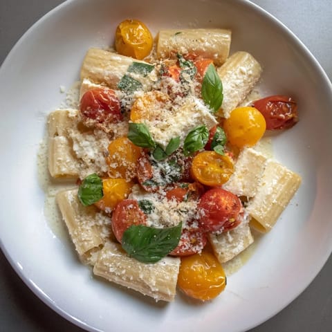 Golden-baked feta and bursting cherry tomatoes coat the pasta in this flavorful Baked Feta Christmas Pasta.