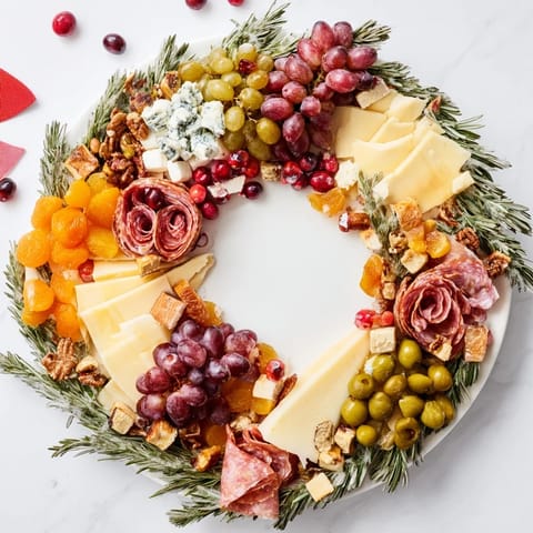 This easy Holiday Wreath Cheese Platter presents delicious cheeses, grapes, and nuts, perfect for parties.