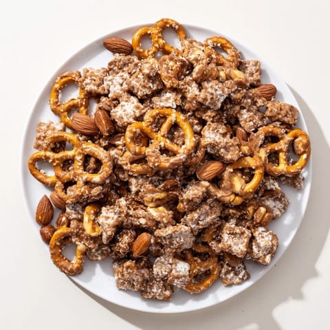 Warm, honey-glazed Festive Pine Cone Snack Mix with crunchy pretzels and toasted almonds, perfect for sharing.