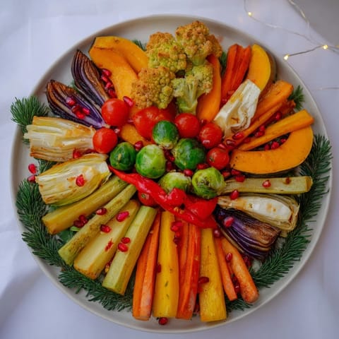 This beautiful Festive Vegetable Christmas Wreath features glistening roasted vegetables and garnishes.