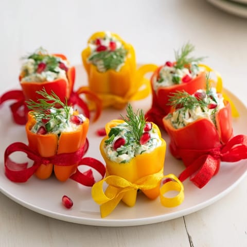 Red, yellow, and green bell peppers transformed into elegant Bell Pepper Christmas Bows, ready to serve.