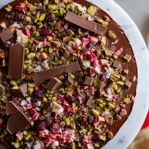 A close-up shot of the colorful holiday bark, featuring white chocolate swirls and chopped toppings.