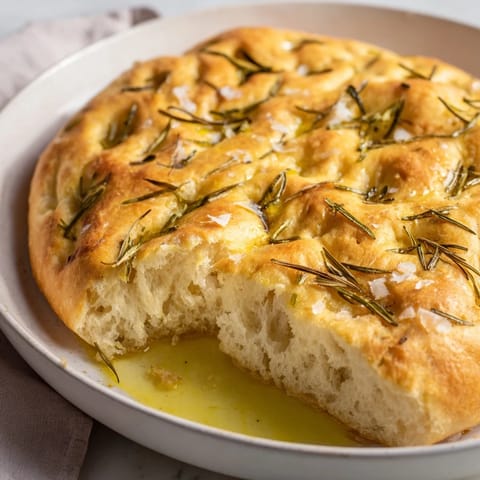 Warm focaccia Holiday Bread, soft inside and crisp with olive oil and fragrant rosemary.