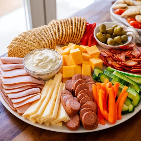 Vibrant photo of a Budget-Friendly Family Spread showcasing piled high meats, cheeses, and vegetables for sharing.