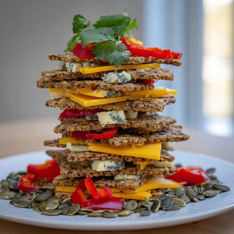 Appetizing Southwest Mesa recipe displaying cheese and cracker stacks with fresh cilantro on top.