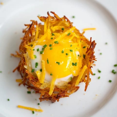 A close-up shot of hot Crispy Hashbrown Egg Nests, a savory and satisfying breakfast recipe.