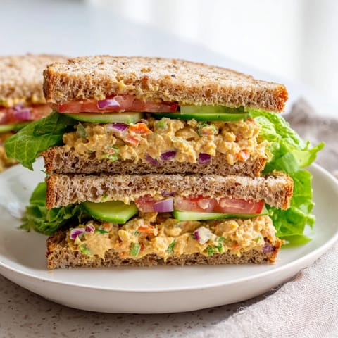 Freshly assembled Easy Chickpea Salad Sandwich, ready to eat with vibrant veggie layers inside.