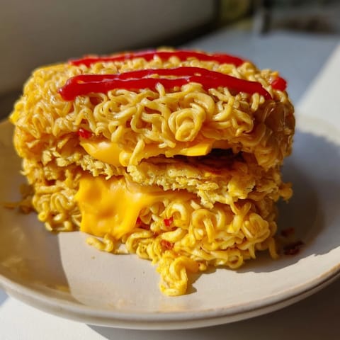 Perfectly browned Instant Ramen Grilled Cheese sandwiches, showcasing melted cheese and a spicy hot sauce drizzle.