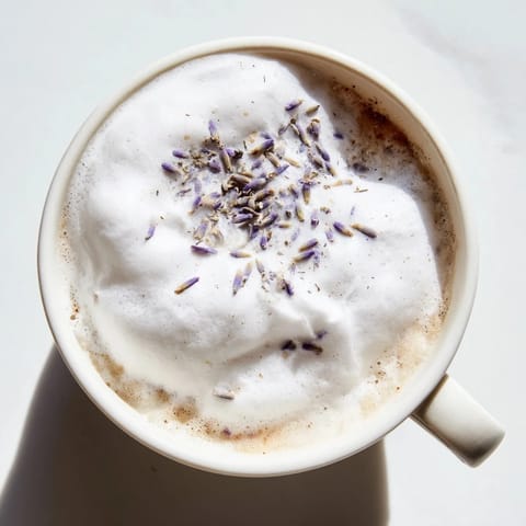 A close-up of the Whipped Lavender Latte reveals its fluffy purple-tinged foam and creamy coffee base.