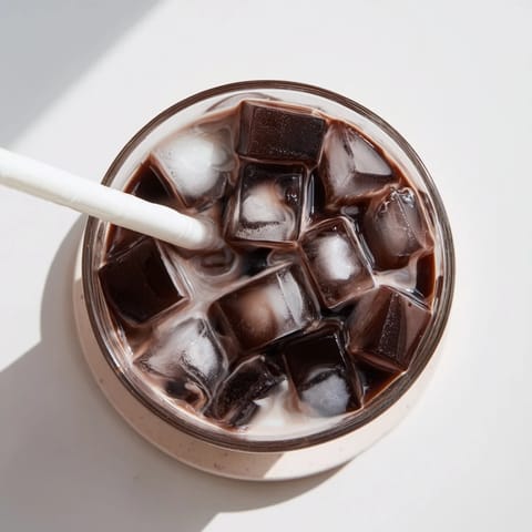 Sweetened condensed milk swirls through the creamy base, surrounding bouncy coffee jelly cubes and a few ice cubes in a tall, refreshing drink.