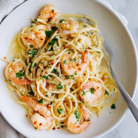 A close-up of Lemon Garlic Shrimp Pasta with fresh parsley garnish and a wedge of lemon on the side.