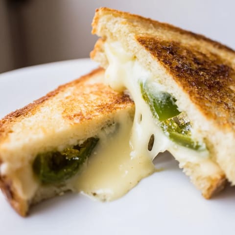 Freshly sliced Jalapeño Havarti Grilled Cheese on a white plate, revealing gooey melted cheese and spicy pepper bits.  