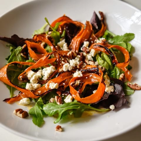 Roasted carrot ribbons are tossed with sweet honey and tangy Dijon mustard over mixed greens.