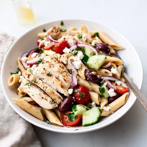 Bright Greek Chicken Pasta Bowl with grilled lemony chicken, cherry tomatoes, cucumber, Kalamata olives, and crumbled feta on a rustic table.