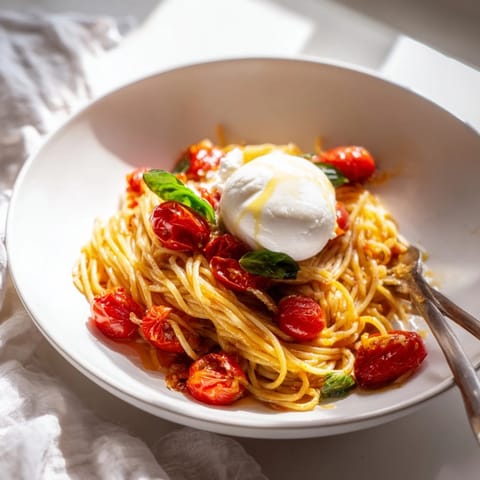 A close-up of Burrata Caprese Pasta, with golden spaghetti coated in a vibrant tomato-basil sauce and a creamy burrata ball melting on top.