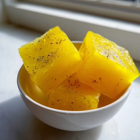 Vivid orange Lemon Ginger Turmeric Wellness Cubes glistening with frost, ready to dissolve in warm water or a smoothie for an immune boost.