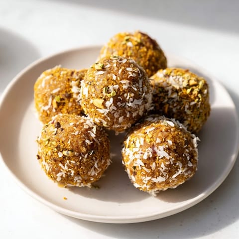 Golden, no-bake Ginger Turmeric Energy Balls dusted with coconut, a perfect healthy snack.