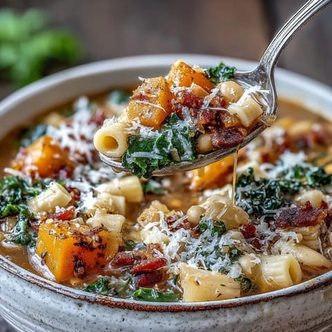 Hearty Fall Minestrone simmering in a Dutch oven, featuring butternut squash, kale, and creamy white beans.