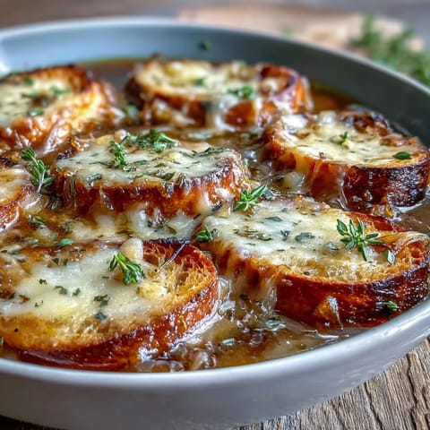 Hearty Dutch Oven French Onion Soup with melted cheese crust and toasted bread floating in savory broth.