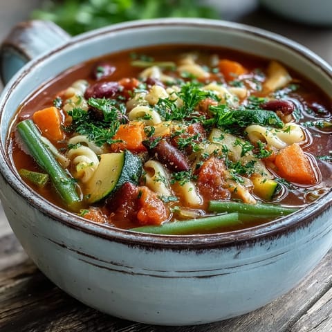 Spoon lifting a bite of Minestrone Soup from a rustic bowl, revealing tender carrots, zucchini, and kidney beans.