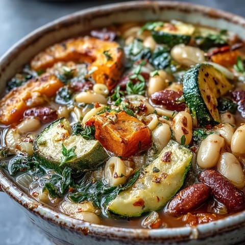 Steaming bowl of Winter Minestrone Soup with kale, butternut squash, and pasta, served with crusty bread.