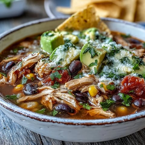 Ladle of hearty Southwestern Turkey Soup with black beans, sweet corn, and diced tomatoes.