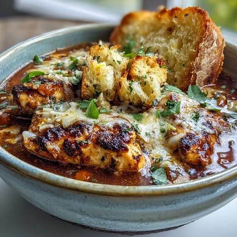 A ladle lifts savory Grilled Chicken Parmesan Soup, revealing tender veggies and golden garlic croutons in the broth.