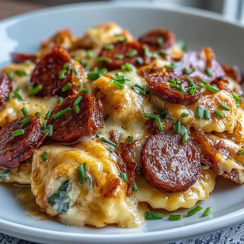 A spoon lifts a serving of cheesy Crockpot Pierogi Casserole With Kielbasa onto a plate.