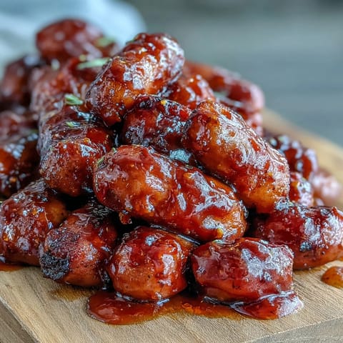 Tender Little Smokies are slow-cooked in a tangy, sticky barbecue sauce, served warm from the crock pot.