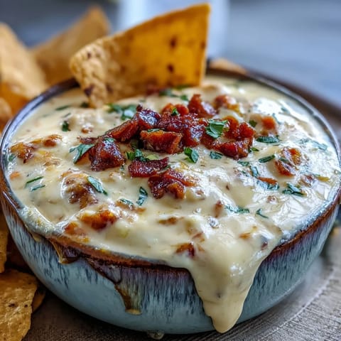 A bowl of homemade Queso Dip garnished with cilantro and green onions, ready to dip.