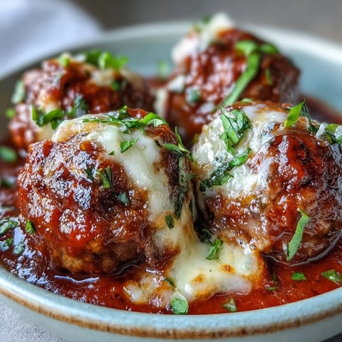 Golden-brown, cheesy meatballs simmered in rich marinara sauce, topped with fresh basil and grated Parmesan.