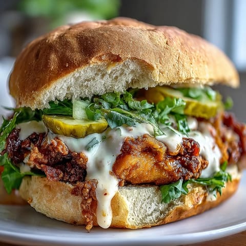 Creamy homemade sauce cascades over spicy fried chicken, sandwiched in a buttery brioche bun with pickles.