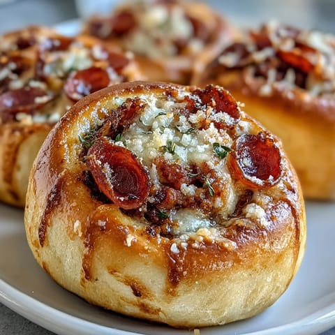A close-up of the Irresistible High Protein Pepperoni Pizza Rolls revealing pepperoni and savory beef filling inside fluffy protein dough.
