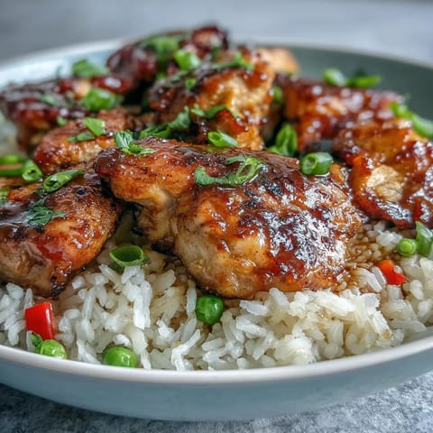Juicy chicken thighs glazed in sweet honey BBQ sauce mingle with fluffy rice in a skillet.