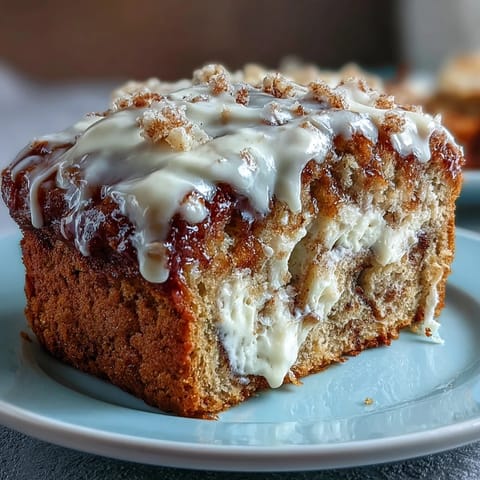 A thick slice of Cream Cheese Cinnamon Swirl Banana Bread reveals gooey layers, ready for a cozy breakfast.